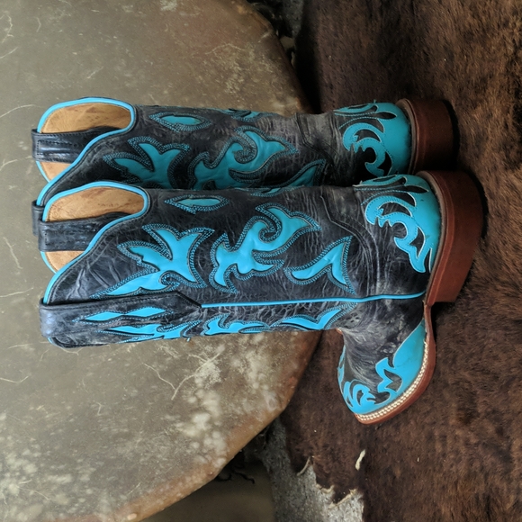 JOHNNY RINGO E1385 charcoal gray & turquoise wing tip boots square toe sz 6.5B - Picture 3 of 16